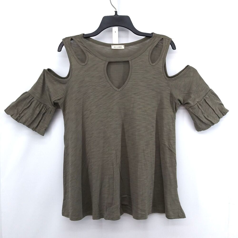 Nu Label Shirt Womens Size L Olive Green Cold Shoulder 3/4 Sleeve Pullover Top